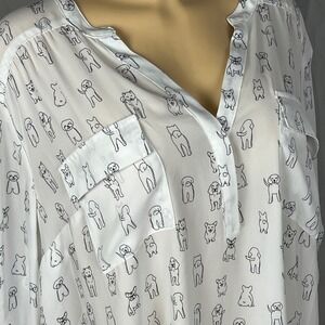 Dog Top Blouse Womens 3X Dog Print Torrid White Georgette Roll Tab Whimsical